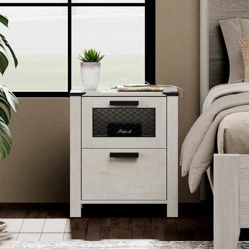 WAMPAT Nightstand with Charging Station,Farmhouse End Table - 1 Pack - Antique White