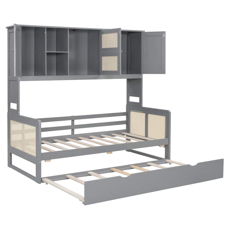 Twin Size Daybed with All-in-One Cabinet & Shelf, Wooden Platform Bed with Twin Trundle & Slats Support, No Box Spring Needed
