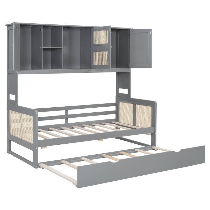 Wood Full Size Daybed with Built-In Storage Cabinet, Shelves & Twin Trundle, Rattan Accent, No Box Spring Needed