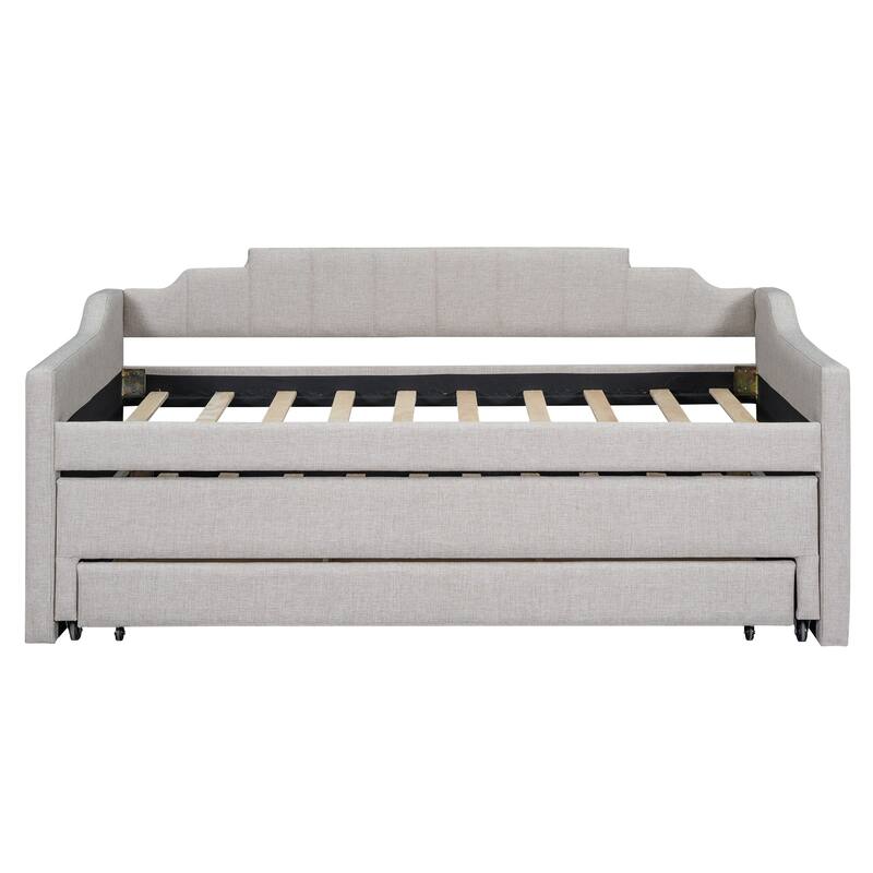 Twin Size Linen Upholstered Daybed with Pull-out Trundle Bed and Three Drawers, Storage Bed with Wood Slats Support for Bedroom