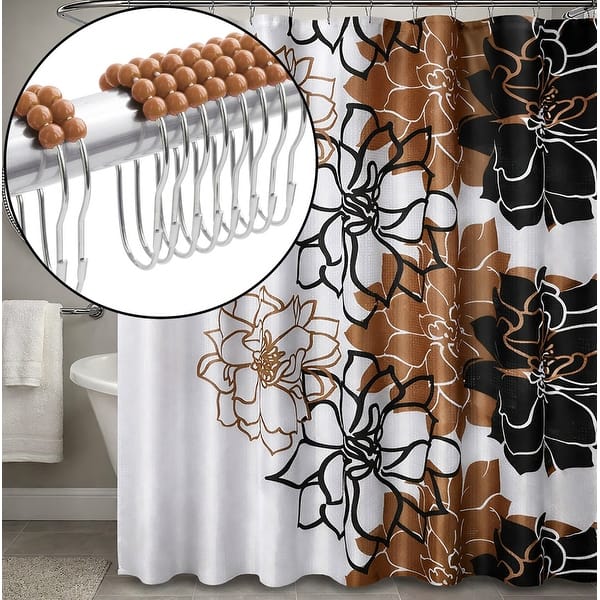 slide 2 of 4, 72" x 72" - Brown Floral Fabric Textured Glam luxury Shower Curtain With 12 Metal Roller Ball Hooks 72" x 72"