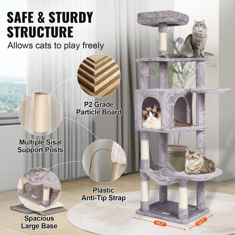 Cat Tree for Indoor Cats, 60.6" Cat Tower with Cat Condo, Sisal Scratching Post, Hammock, Top Perch, Jumping Platforms