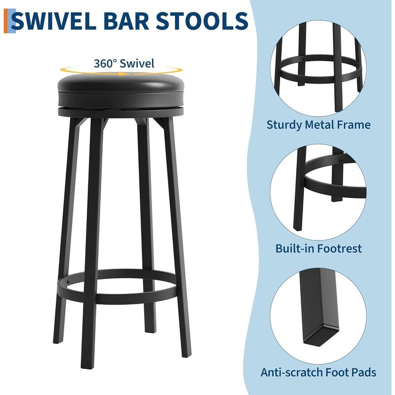 360° Swivel Bar Stool Set of 2, PU Leather Upholstered Counter Height Bar Stool with Metal Footrests