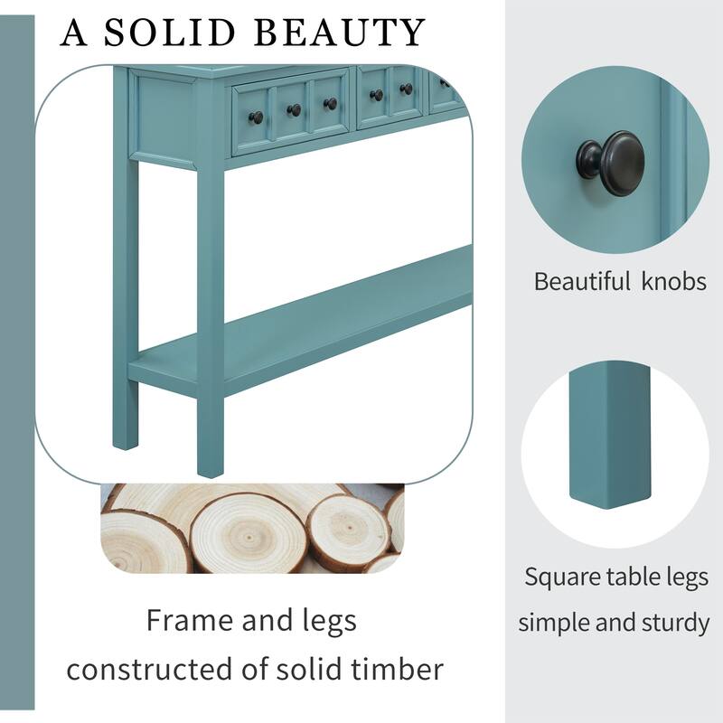 60" Long Sofa Table Entryway Console Table with 4 Drawers & Storage Shelf for Living Room Hallway Side Table, Turquoise Green