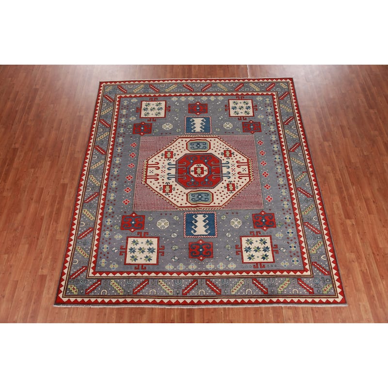 Hand Knotted Oriental 100% Wool Carpet Traditional Medallion Navy Blue & Blues Kazak Area Rug - 9' 7'' X 8' 4''