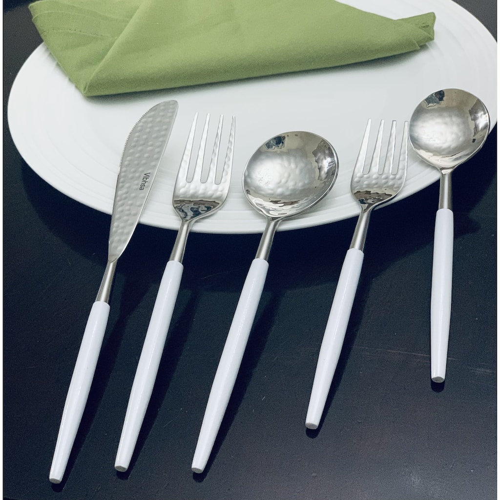 Vibhsa Hammered Flatware set of 20 pieces (Silver, White)