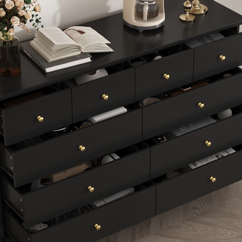 Black 8 Drawer Dresser with Solid Wood Legs, Modern Double Dresser Storage Cabinet for Bedroom, 55.1" Wide