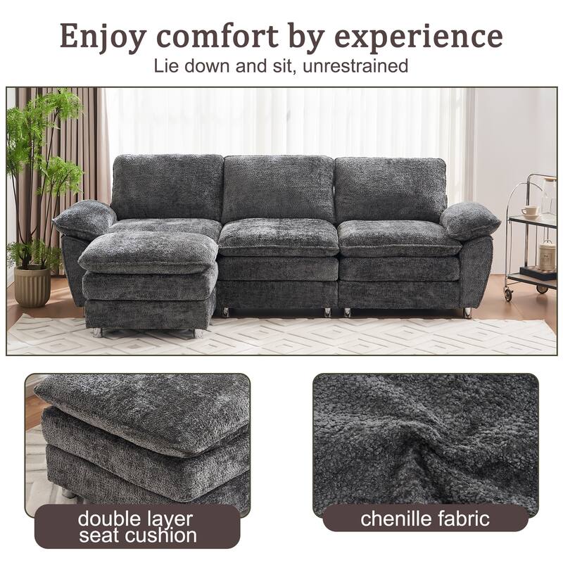 Modern Polyester Deep 3-Seater Sofa Couch with Ottoman
