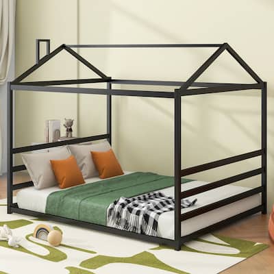Sleek Metal Queen Platform Bed with House Shape Design, No Box Spring Needed
