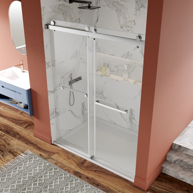 DeerValley 56" - 60" W x 76" H Double Sliding Frameless Shower Enclosure, Stainless Steel Accessories