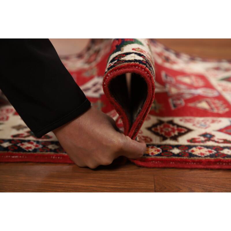 Red Geometric Kazak Oriental Accent Rug Hand-Knotted Wool Carpet - 2'0"x 3'0"