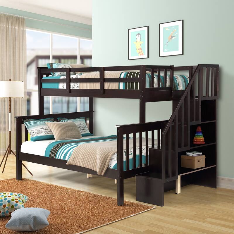 Twin-Over-Full Bunk Bed with Storage, Guard Rail, and Stairs, Espresso Finish