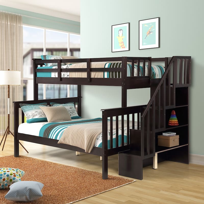 Twin Over Full Bunk Bed with Storage Stairs, Full-Length Guardrail