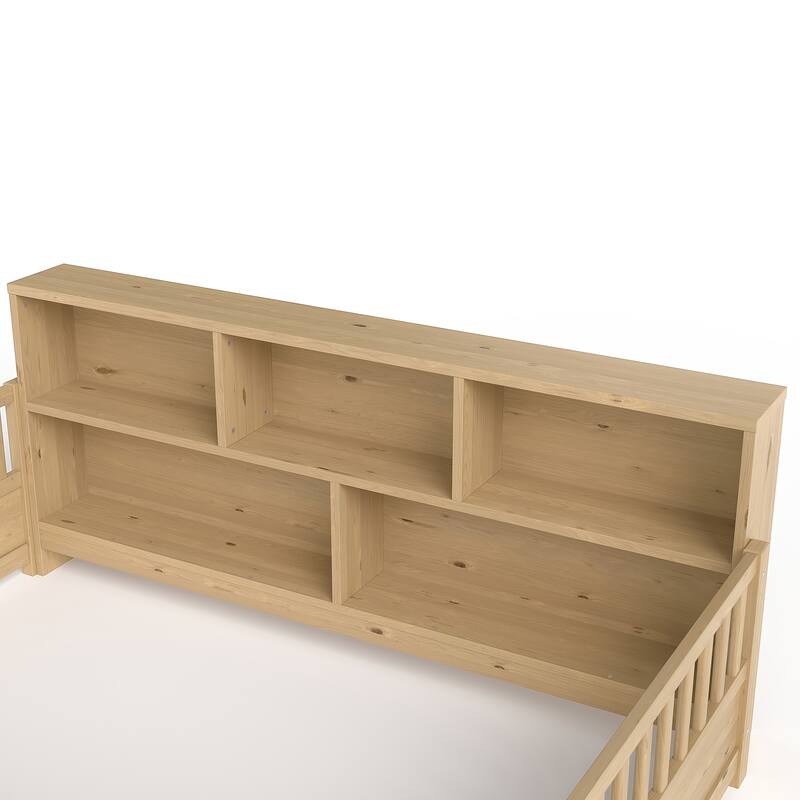 Wooden Floor Bed Frame with Fence Guardrail & Side Storage, Low Profile Kids Bed (Full/Twin)