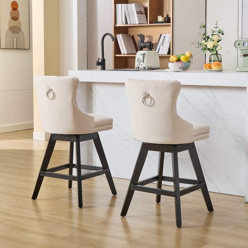 Swivel Velvet Barstools, Wooden Legs Bar Chairs,Bar stools, Set of 2
