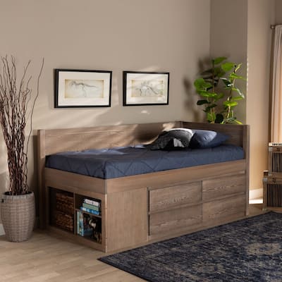 Twin Size Storage Bed with Drawers - Antique Oak Wood Bed Frame - 4 Drawer Bedroom Furniture
