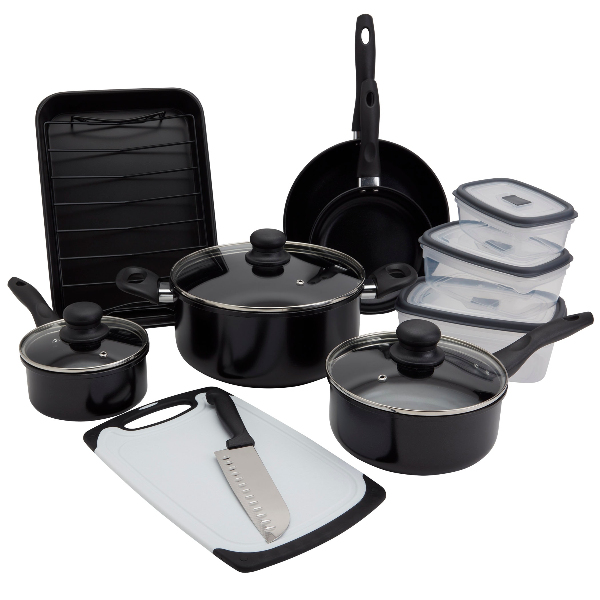 Basic Essentials 18-Piece Nonstick Aluminum Cookware Set with Roaster and Removable Rack