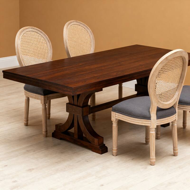 Dining Chairs Set of 2, Rattan Upholstered Vintage Farmhouse Fabric Chair, with Round Backrest and Solid Wood Legs