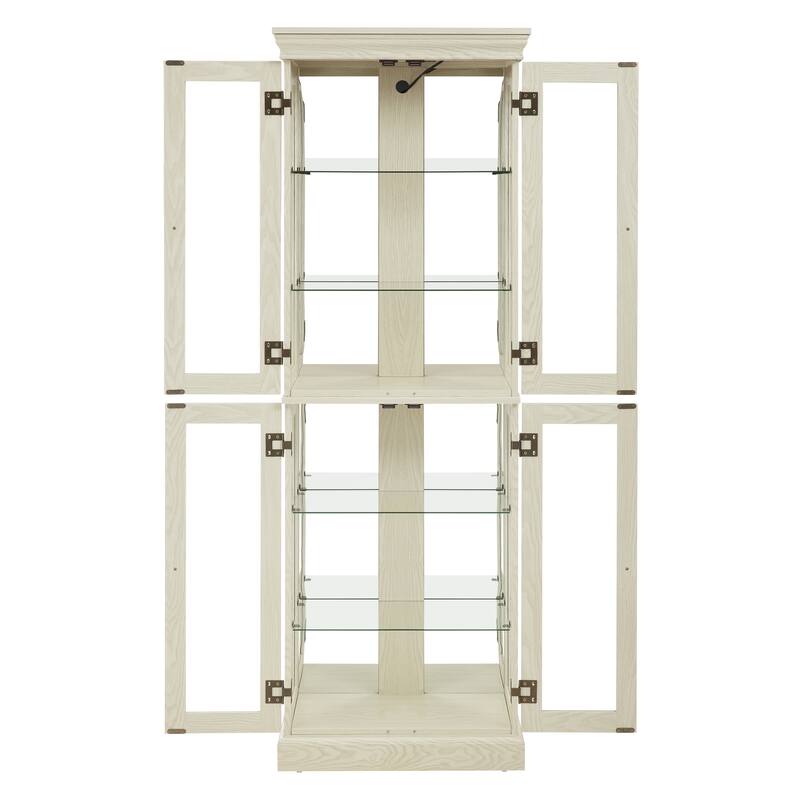 Lighted Curio Display Cabinet, Floor Standing Wooden China Cabinet with Mirrored Back Pane, 4 Glass Doors & Adjustable Shelves