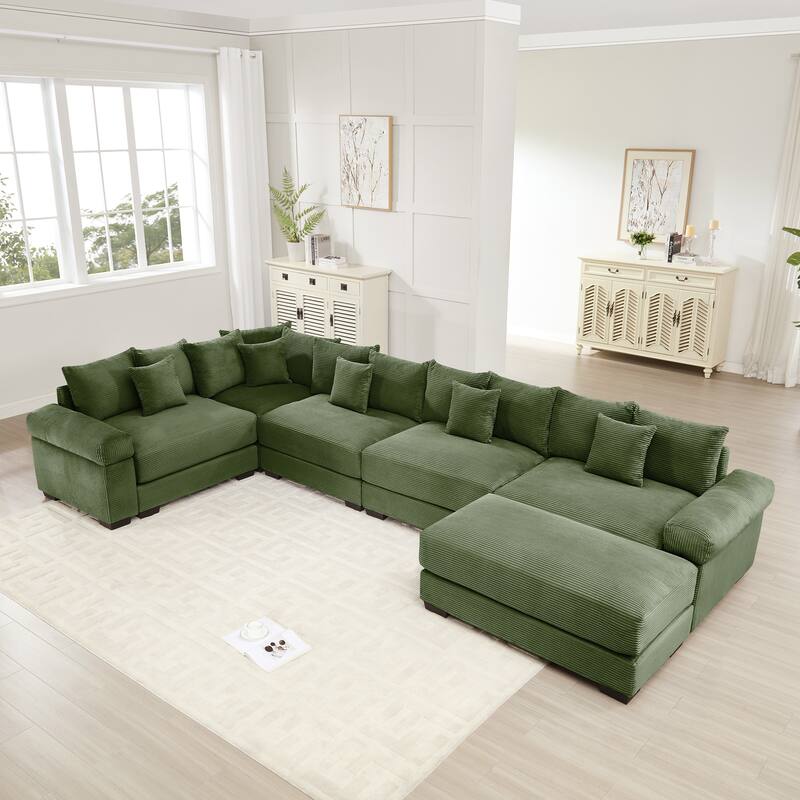 5-Seat Convertible Cloud Corduroy Modular Sofa with 16 Throw Pillows - Green-with 1 Ottoman