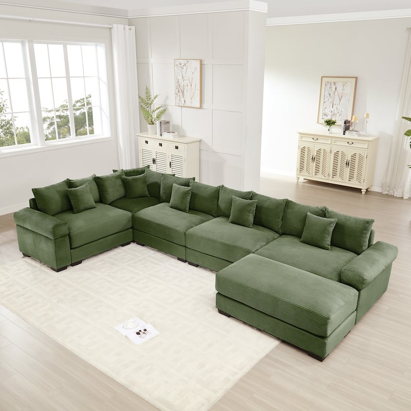 GDFStudio - Corduroy 5-Seater 154.6" Cloud Modular Sectional Couch with Ottoman - Green