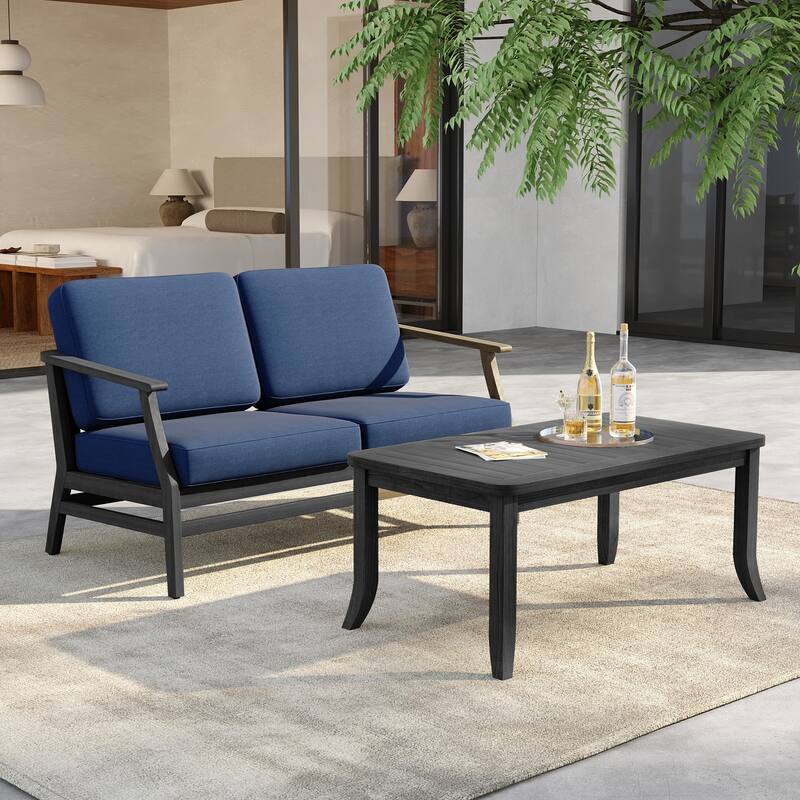 Outdoor Loveseat Sofa with Coffee Table Teak Wood Patio Furniture - BlackFrame-Navy