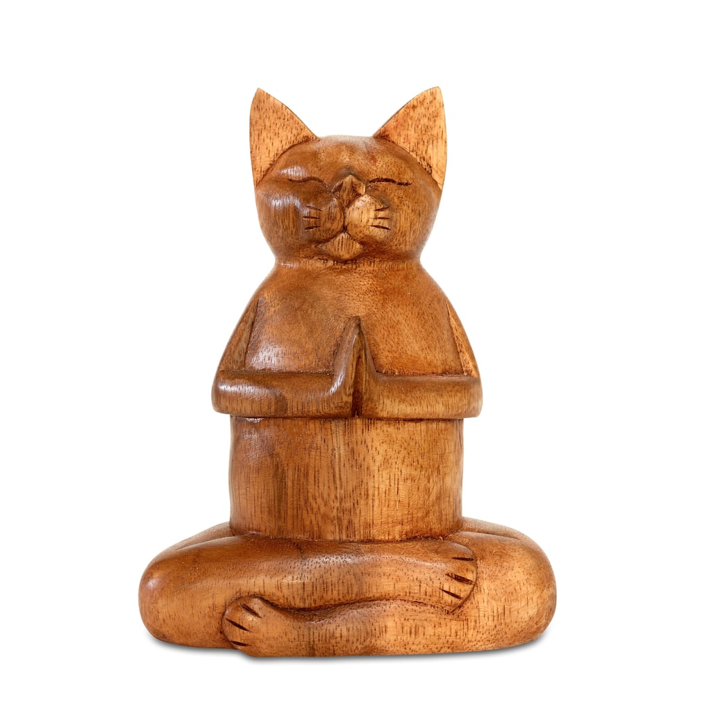 8" Wooden Handmade Hand Carved Yoga Fire Log Pose Cat Sculpture Statue Home Decoretion - 8" tall x 4" wide x 3" deep