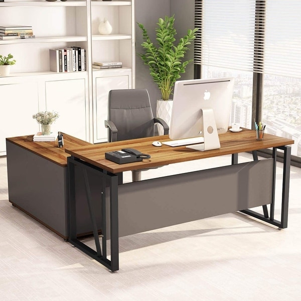 Dorrinson Casual L Desk with Storage Antique White Brown On