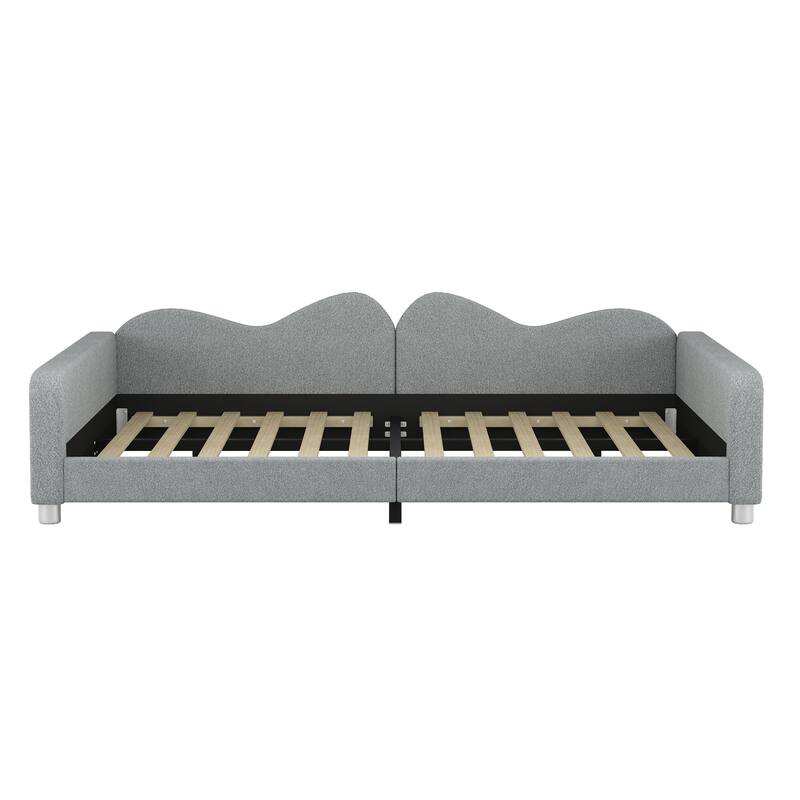Cloud Shape Backrest Daybed, Sherpa Fabric Sofabed with 2 Armrests, Wood Platform Bed Frame, Floor Bed, No Box-spring Needed