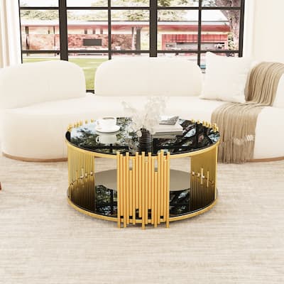 Modern Stainless Steel Coffee Table, Tempered Glass Top Cocktail Table, Round Accent Table Sofa Table for Living Room