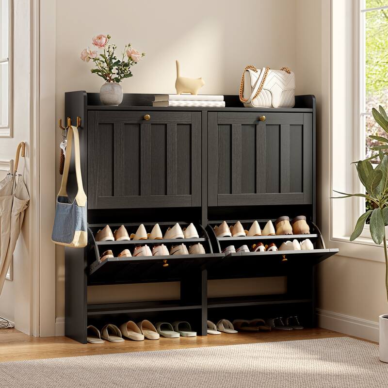 Shoe Cabinet with Flip Drawers, Slim Shoe Storage Cabinet for Entryway, Freestanding Narrow Rack with Open Storage