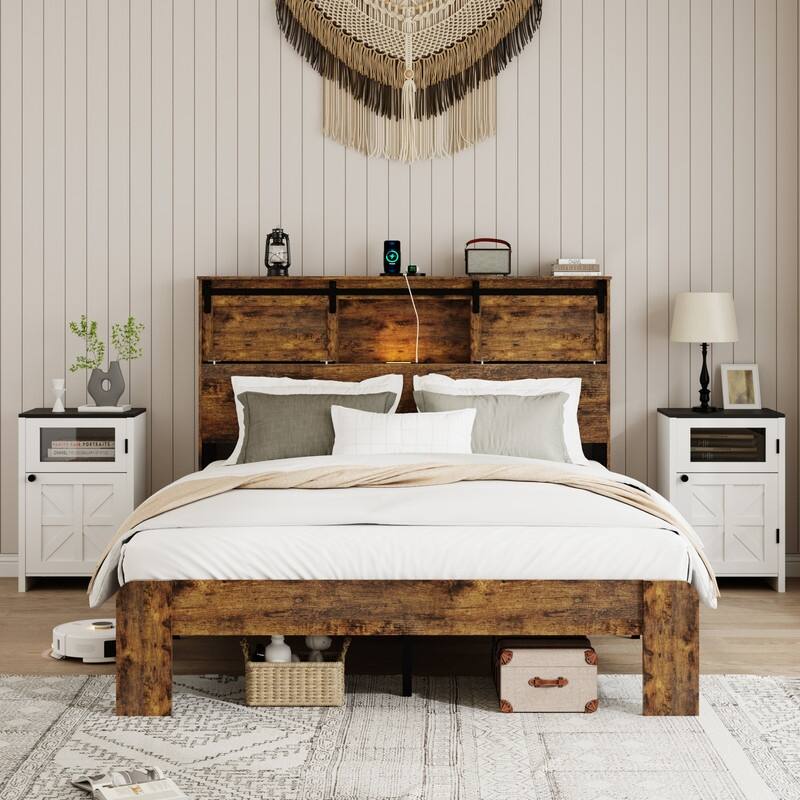 alazyhome Farmhouse Wood Platform Bed Frame with Storage Headboard & Charging Station - Brown - Queen