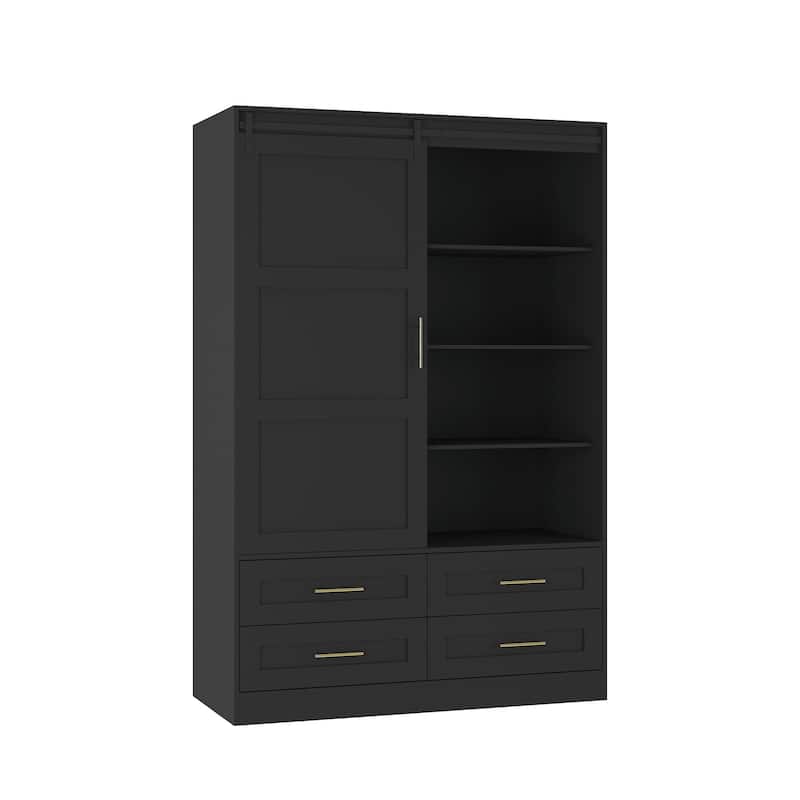 Tall Bedroom Armoire Wardrobe Closet with Hanging Rod, Barn Door, Drawers, and Open Shelves