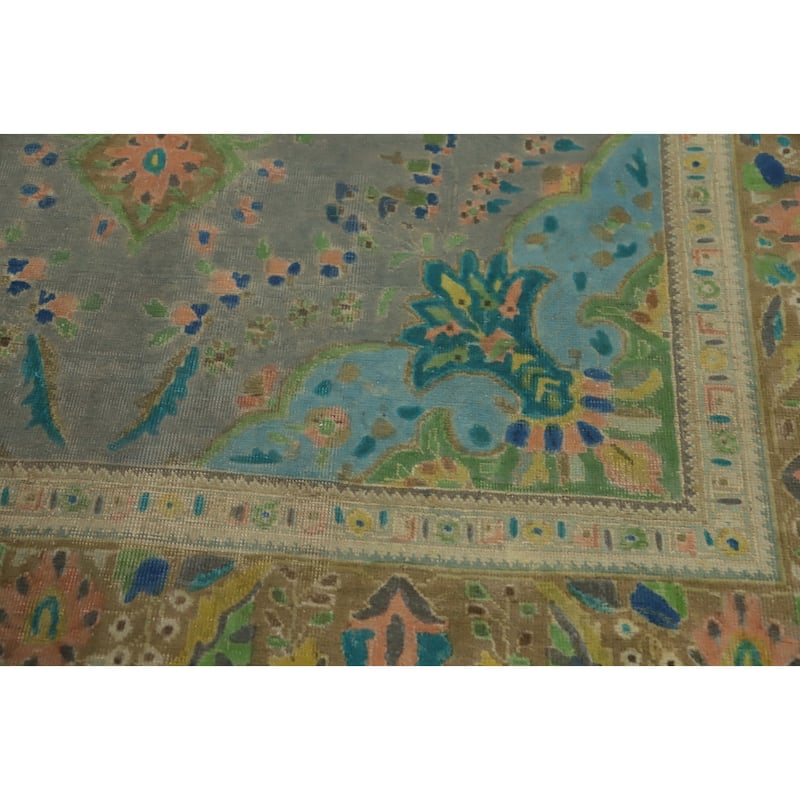 Hand Knotted Oriental 100% Wool Carpet Traditional Floral Greys & Charcoal Tabriz Area Rug - 9' 7'' X 6' 8''
