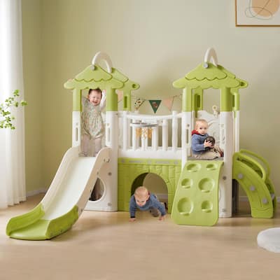 8-in-1 Toddler Climber and Slide Set - Freestanding Kids Slide Playset with Basketball Hoop and More