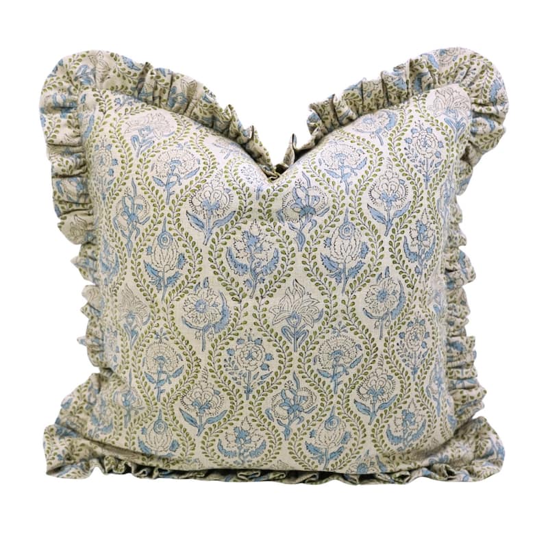 Fabdivine Handmade Block Print Floral Frill Both Side Soft Boho Pure Linen Pillow Cover - Amerbel- Green, Mustard, Blue - 14" x 14" - Cover Only