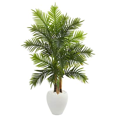 Artificial Areca Palm Tree - 5ft Indoor Faux Plant in White Planter - Realistic Green Foliage Home Decor - 5ft.