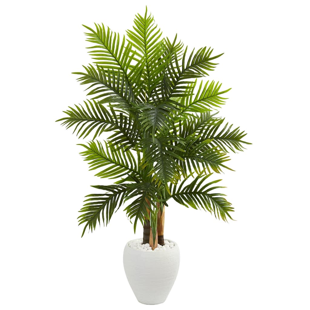 Artificial Areca Palm Tree - 5ft Indoor Faux Plant in White Planter - Realistic Green Foliage Home Decor - 5ft.