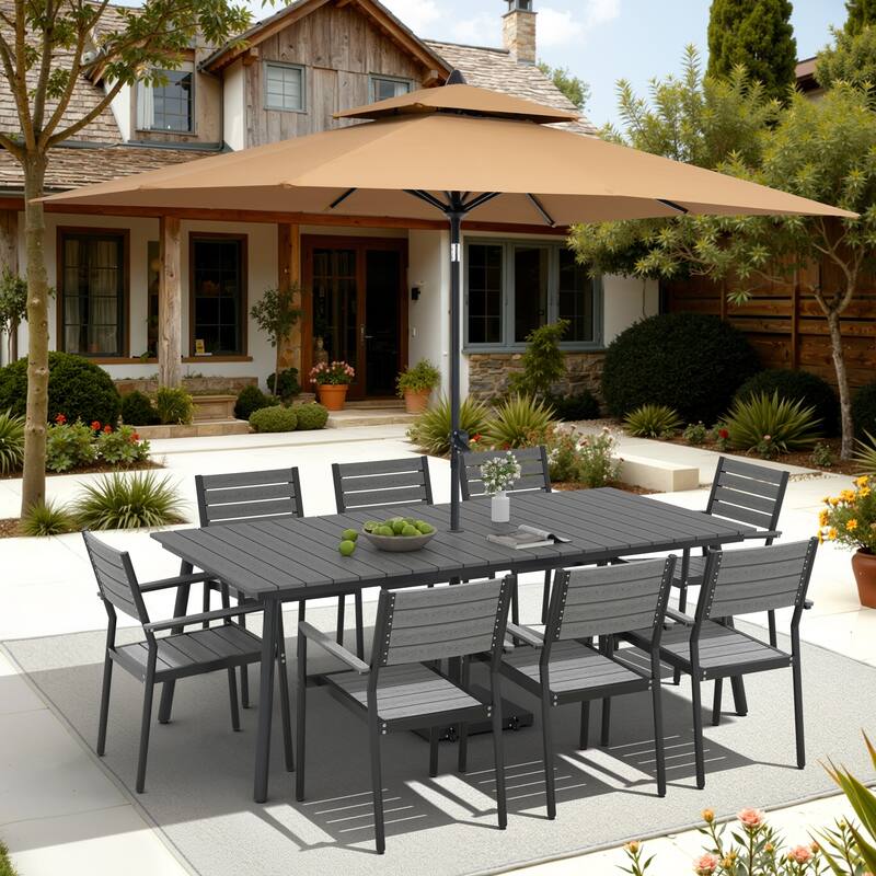 11-Piece Outdoor Dining Set 8 Stackable Chairs and Aluminum Table w/ 10 ft Umbrella and Base Stand - Grey Table with Tan Umbrella