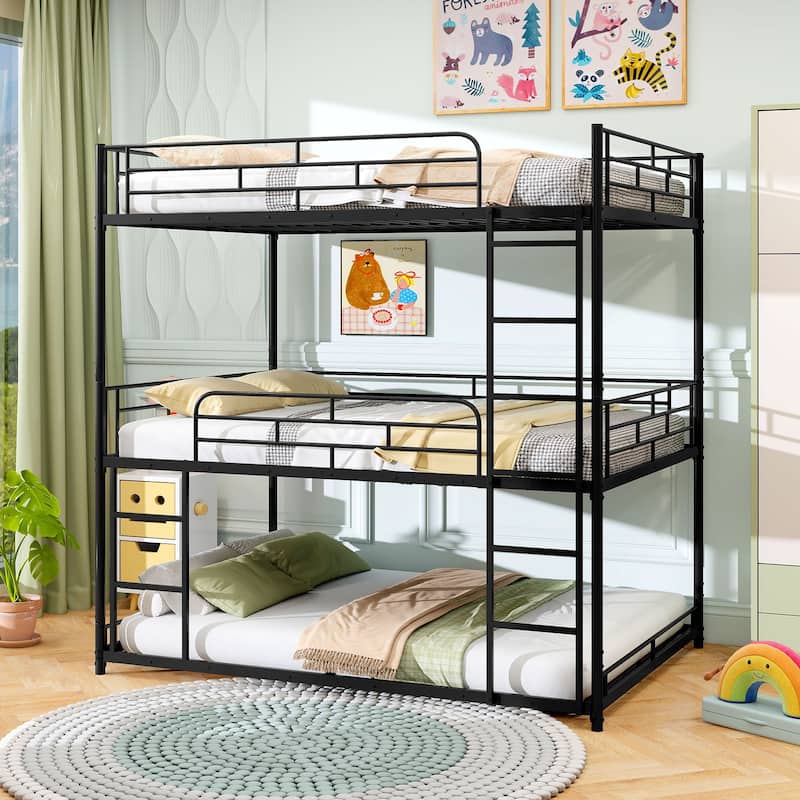 Modern Black Metal Frame Triple Bunk Bed Full Size for Shared Rooms with Guardrails and Ladder