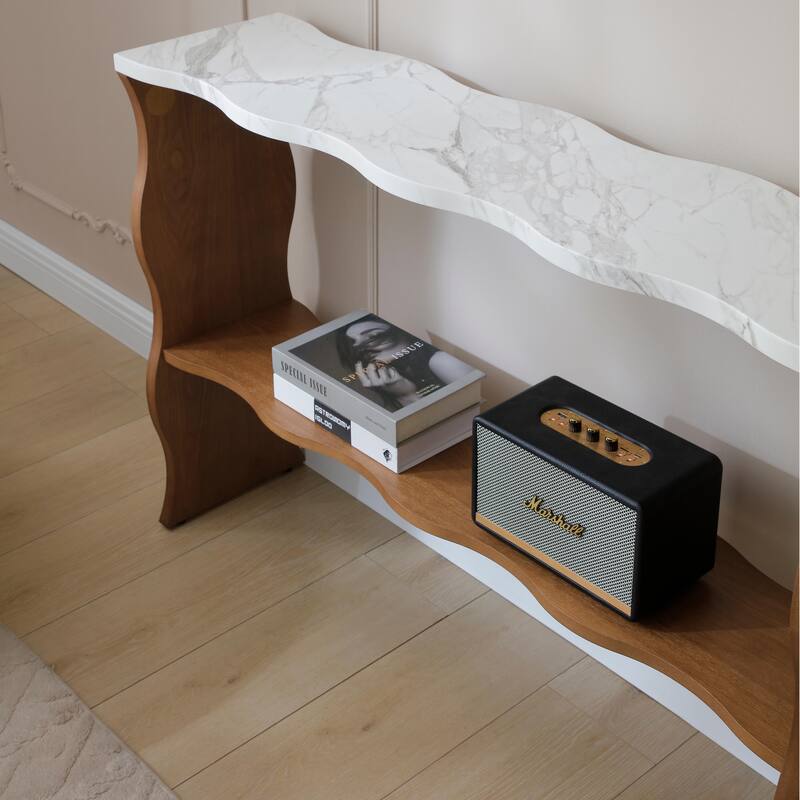 47.24" Whisper of Waves Modern Console Table / White Marble-Pattern Top, Solid Wood Veneered Sofa Table / Open Storage Shelf