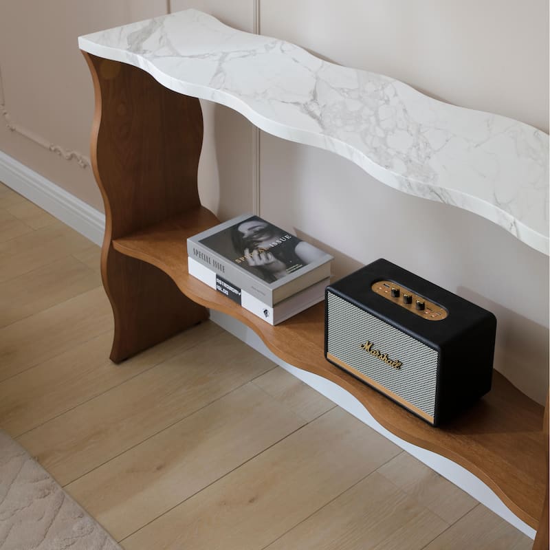 Modern Marble-Pattern Console Table Sofa Table Entryway Table with Open Storage Shelf, for Living Room, Walnut Brown