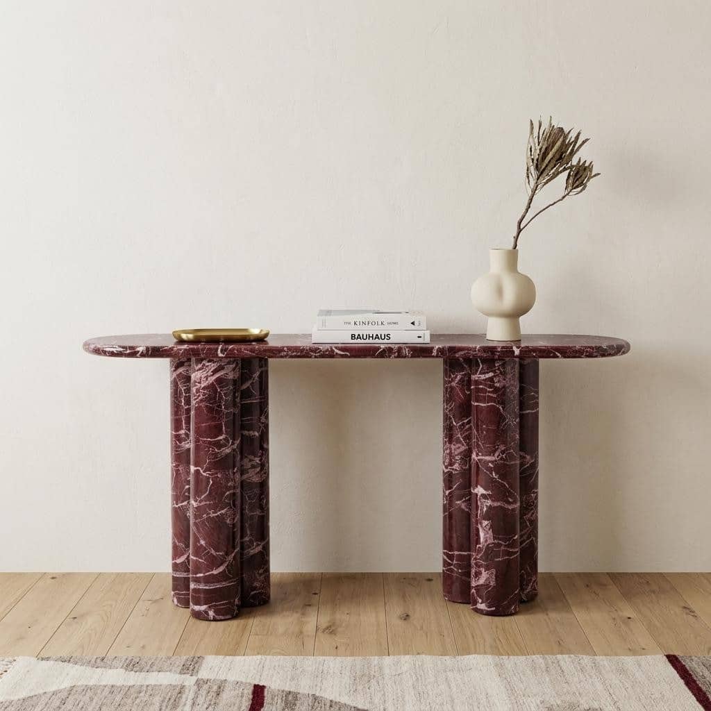 HomeRoots 60" Red Genuine Marble Oval Double Pedestal Console Table - 60.00 in. x 30.00 in. x 15.00 in.