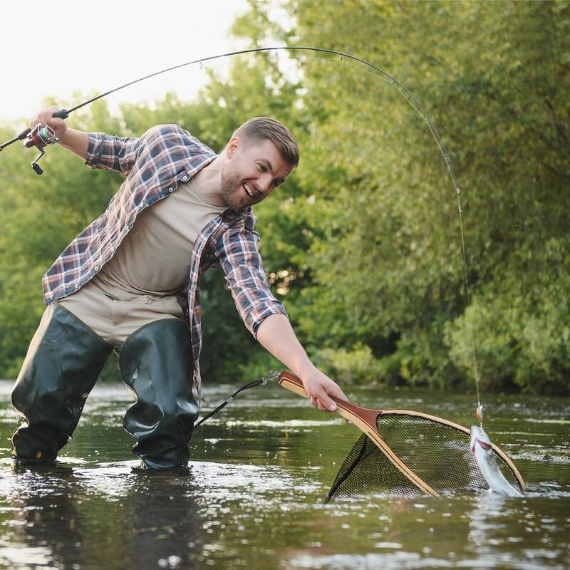 Fly Fishing Net, Trout Net, Wooden Frame Fly Fishing Landing Net with Soft Rubber Mesh