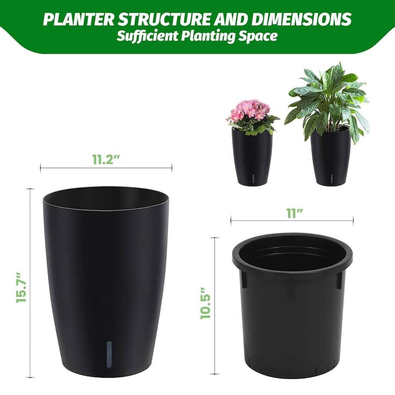 Set of 2 Tall 16" Self-Watering Planters, Flower Pots with Built-in Drainage