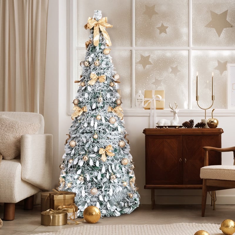 6 FT Snow Flocked Pre-lit Artificial Pop Up Christmas Tree for Home Office Store Holiday Deco, Snowy Green