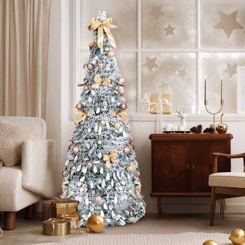 6 FT Snow Flocked Pre-lit Artificial Pop Up Christmas Tree for Home Office Store Holiday Deco, Snowy Green