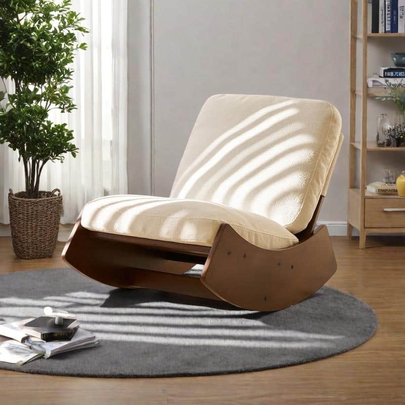 Corduroy Glider Rocking Chair with Solid Wood Frame - White