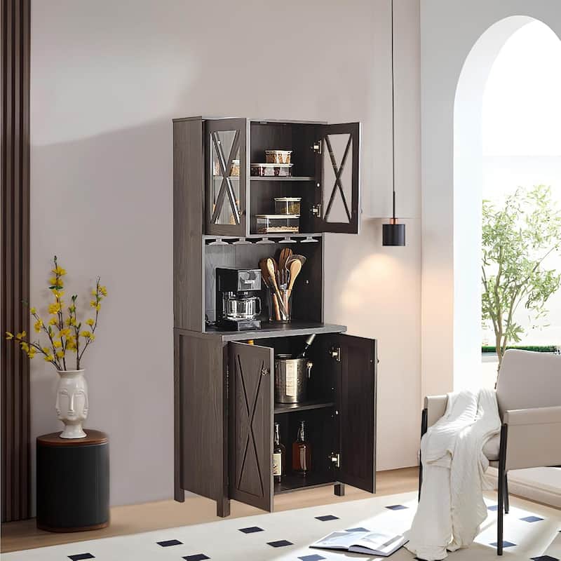 Roomfitters Farmhouse Wine Cabinet, Kitchen Hutch Buffet, Liquor Cabinet for Liquor and Glasses Rack, Charcoal Grey - N/A