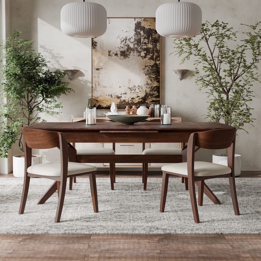 Furniture of America Abigail IV Mid-Century Modern 5-Piece Rich Walnut Solid Wood Extendable Dining Set with Self-Storing Leaf
